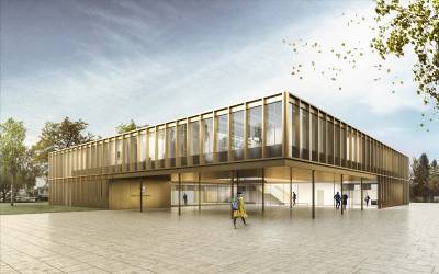 Visualisierung des 1. Preises beim architektonischen Realisierungswettbewerbs zum Neubau unseres Rathauses.